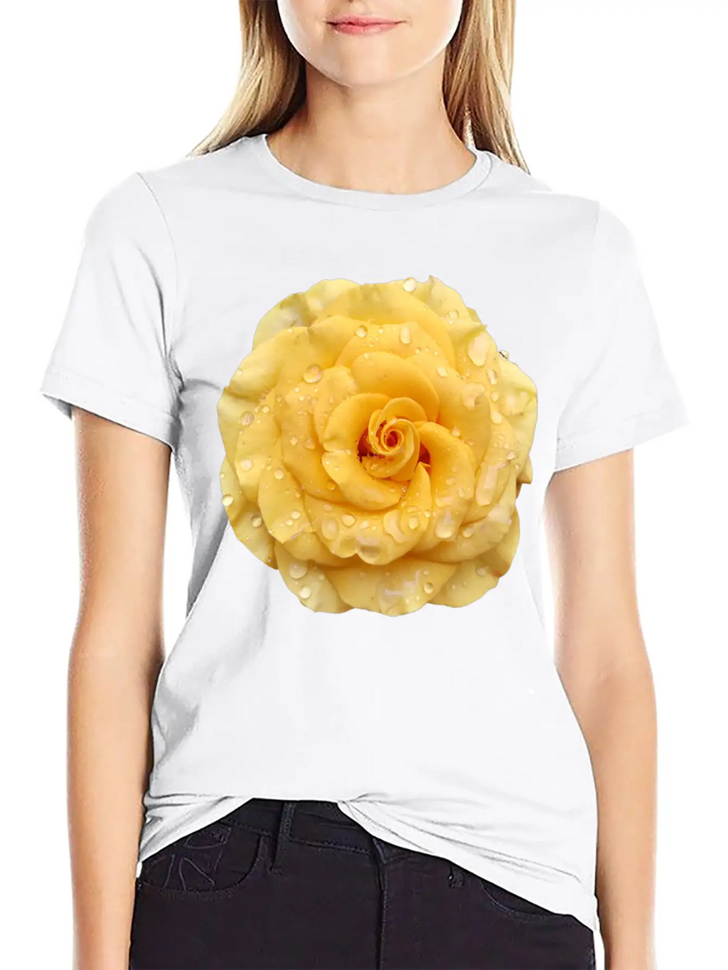 Yellow Rose With Raindrops Casual Graphic T-Shirt – Simple And Comfortable Daily Wear