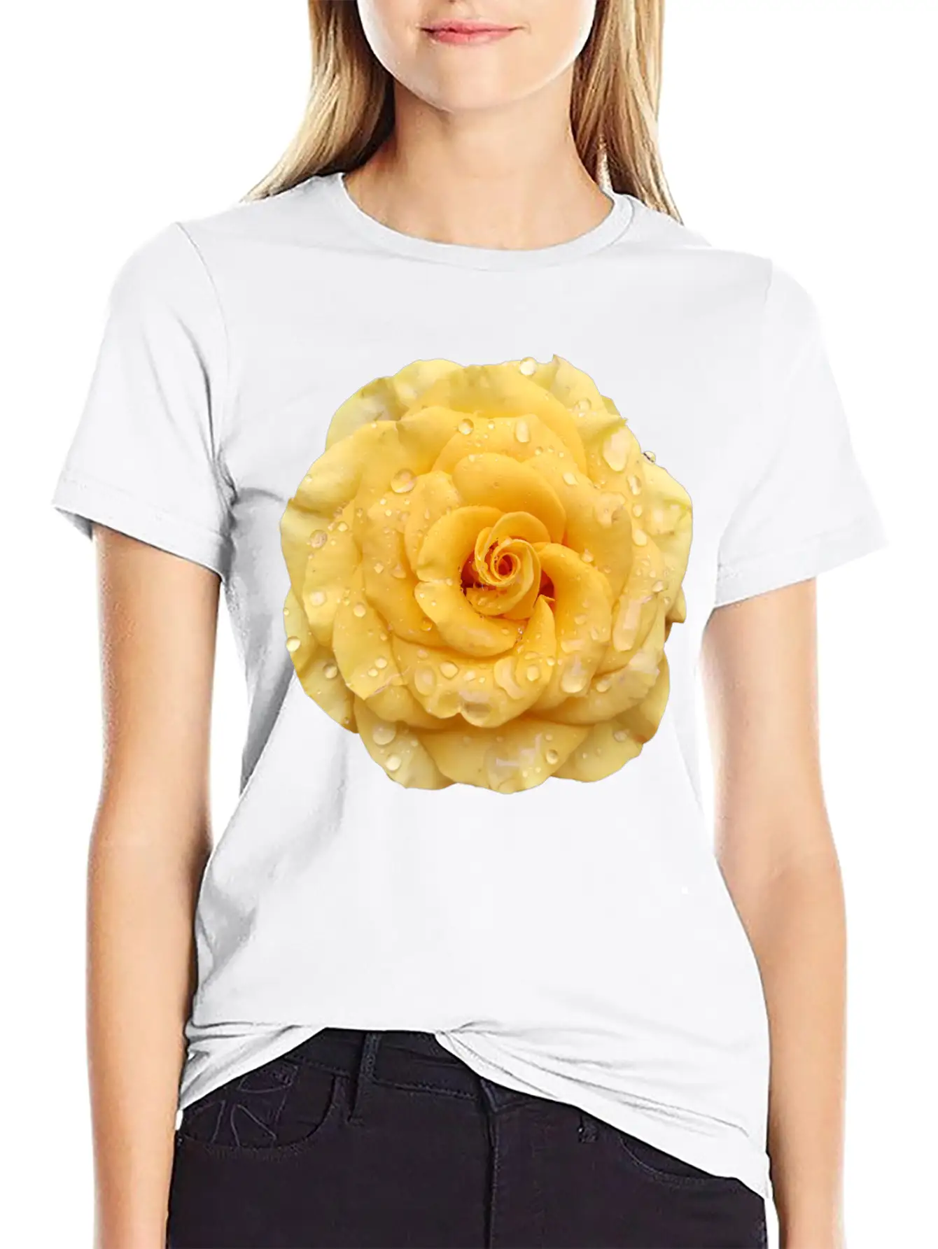 Yellow Rose With Raindrops Casual Graphic T-Shirt – Simple And Comfortable Daily Wear