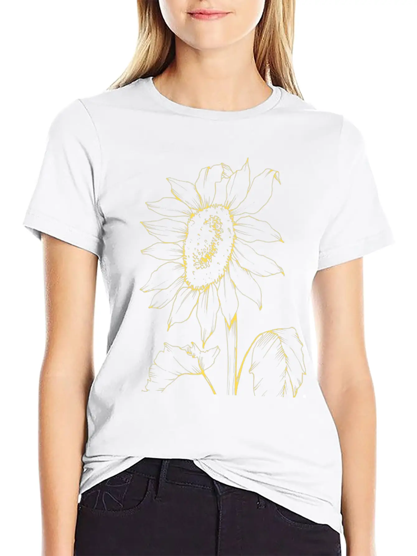 Yellow Sunflower Outline Sketch Unisex Casual T-Shirt – Clean Design For Daily Comfort