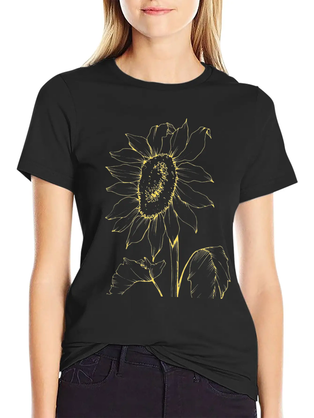 Yellow Sunflower Outline Sketch Unisex Casual T-Shirt – Clean Design For Daily Comfort
