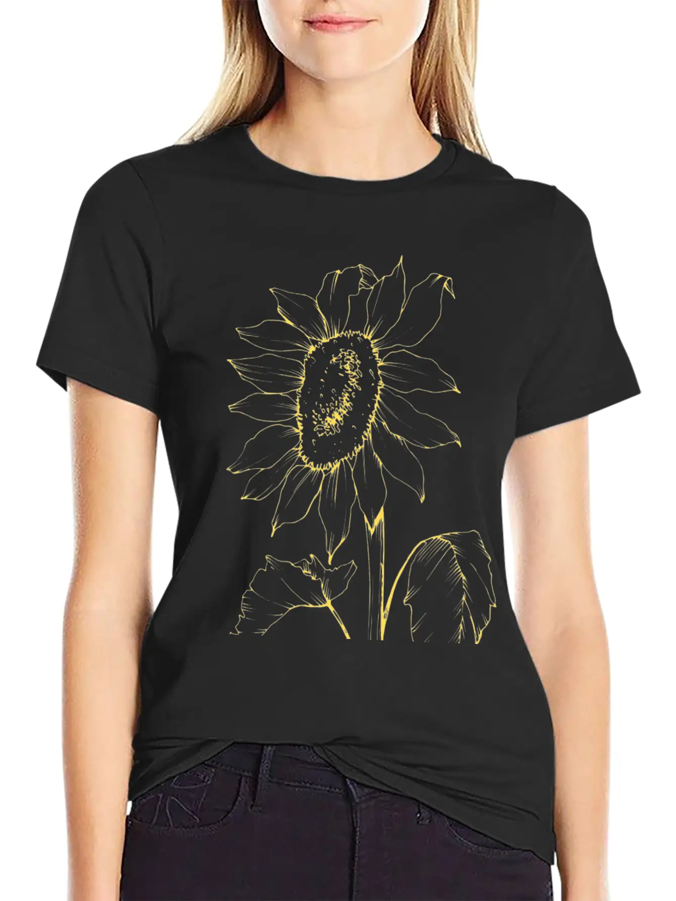 Yellow Sunflower Outline Sketch Unisex Casual T-Shirt – Clean Design For Daily Comfort