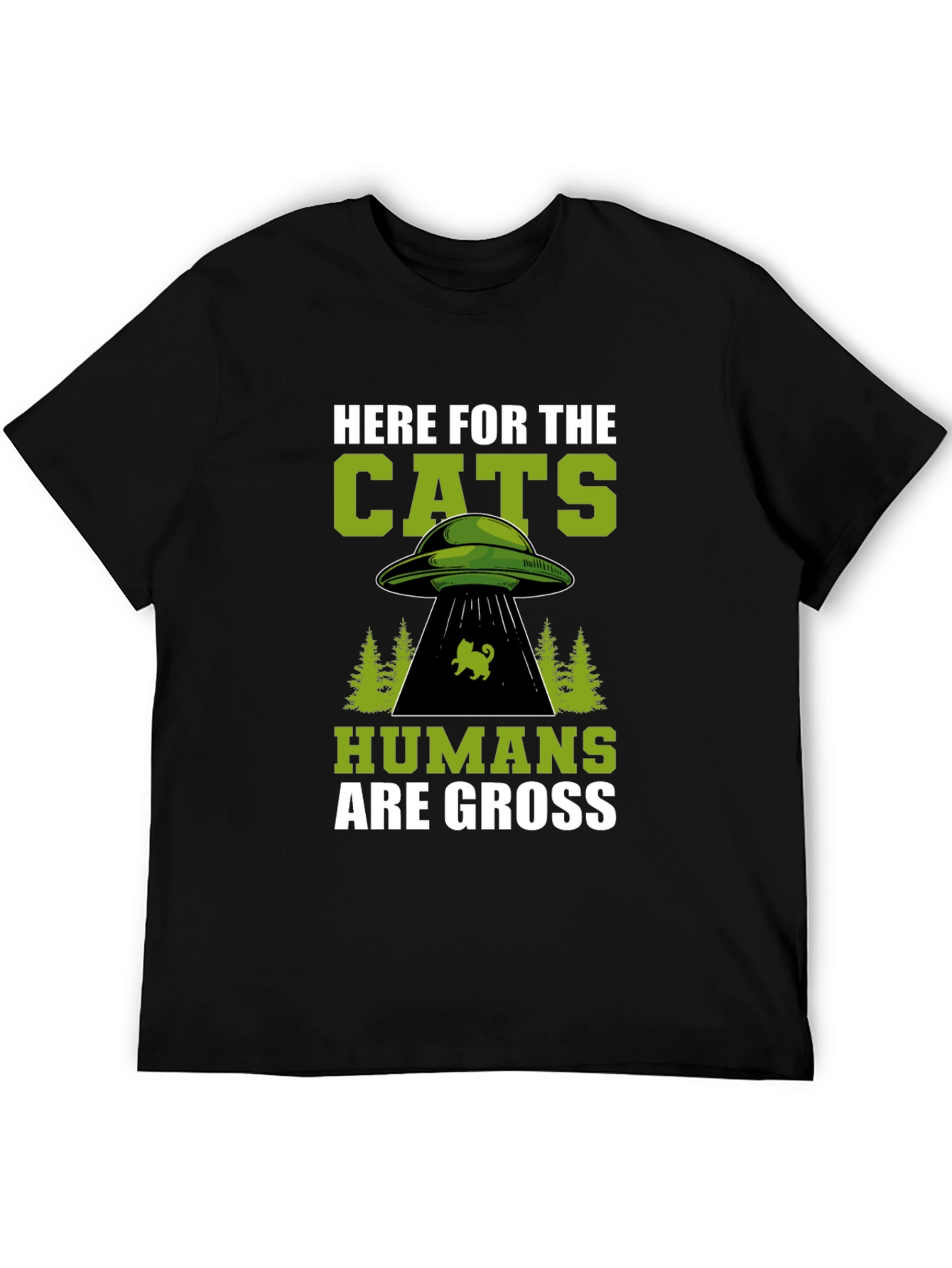 Here For The Cats UFO Alien Black T-Shirt