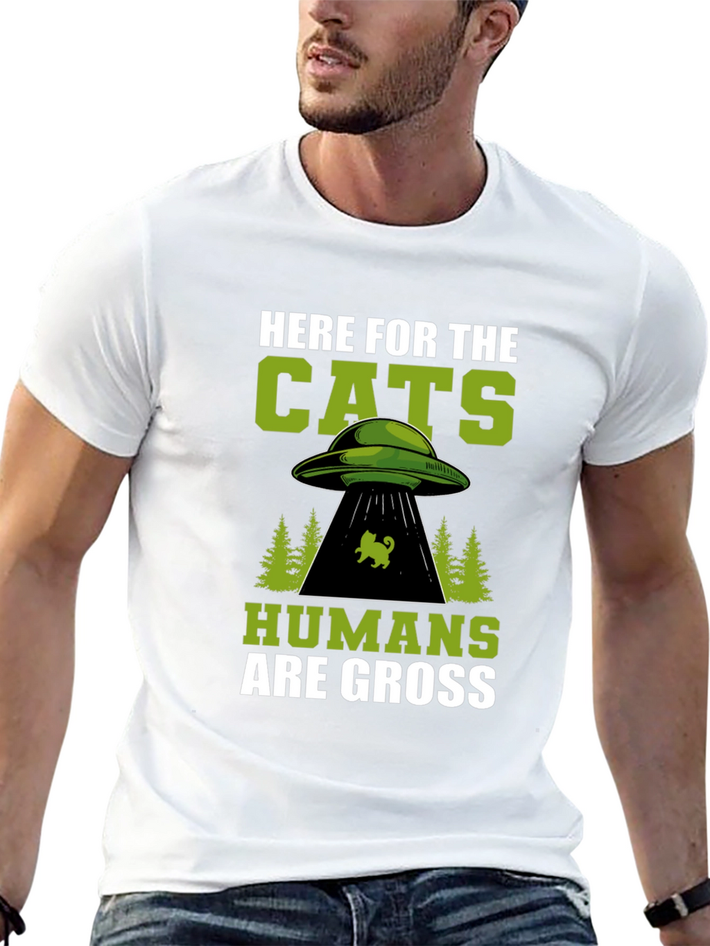 Here For The Cats UFO Alien Black T-Shirt