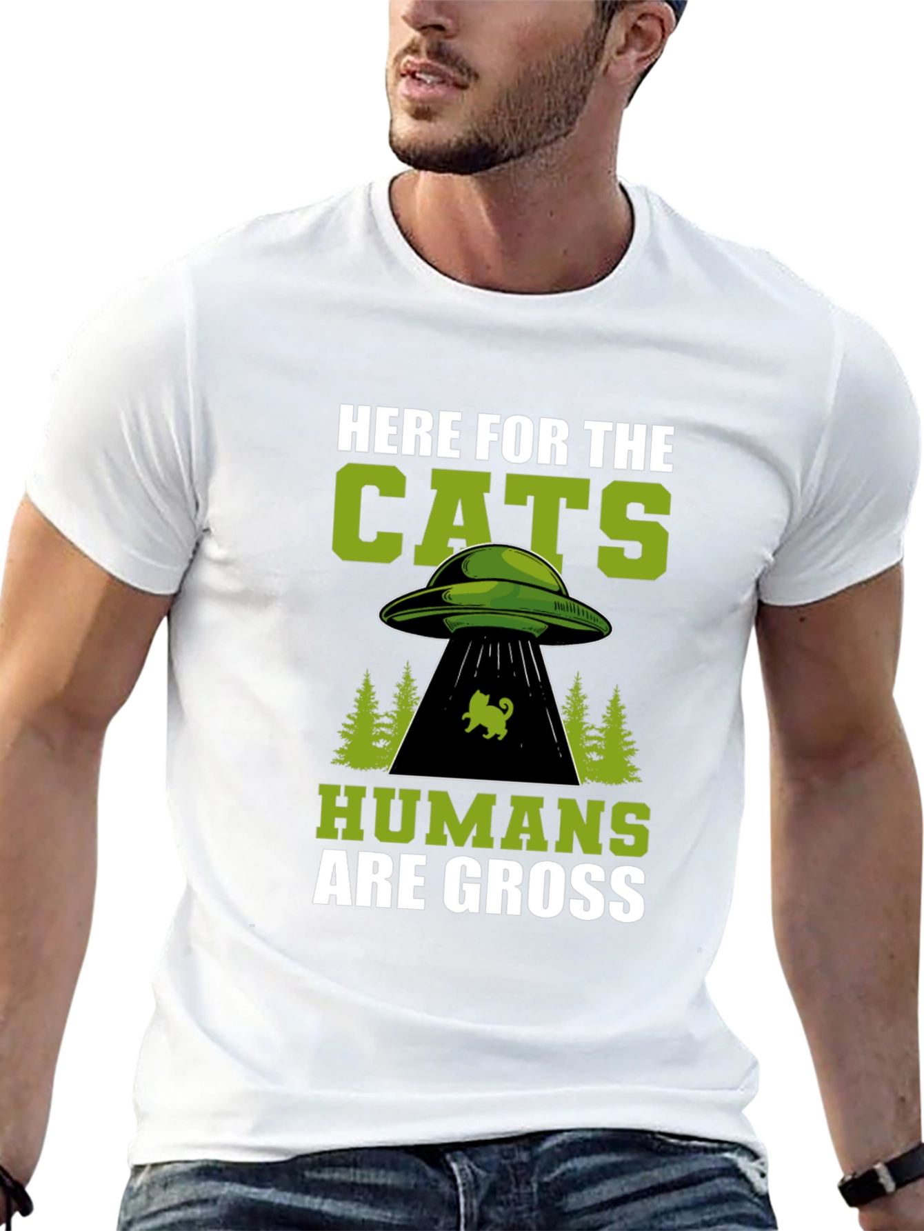 Here For The Cats UFO Alien Black T-Shirt
