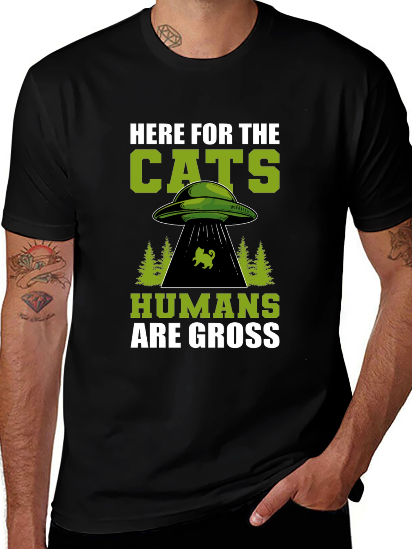 Here For The Cats UFO Alien Black T-Shirt