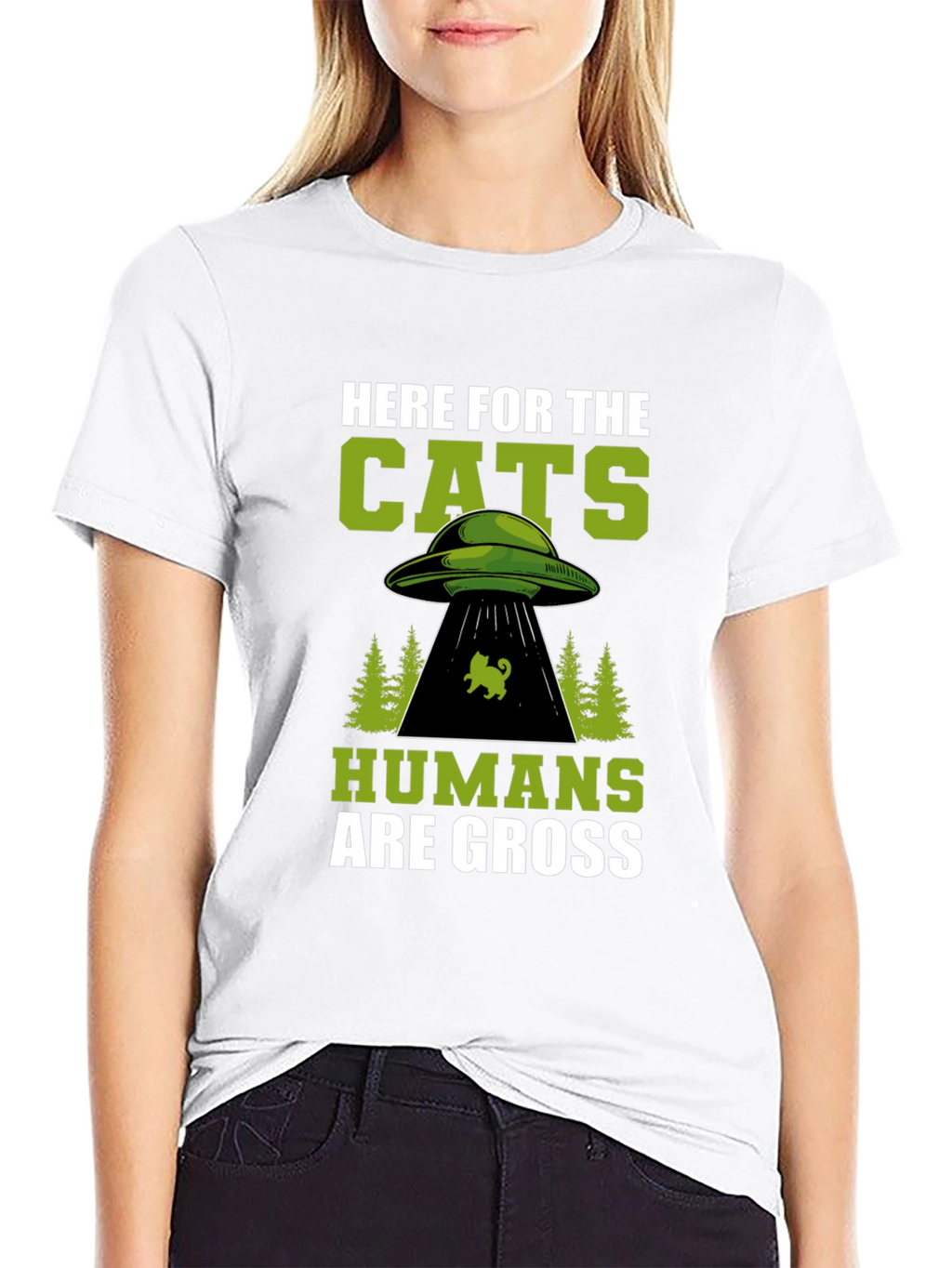 Here For The Cats UFO Alien Black T-Shirt