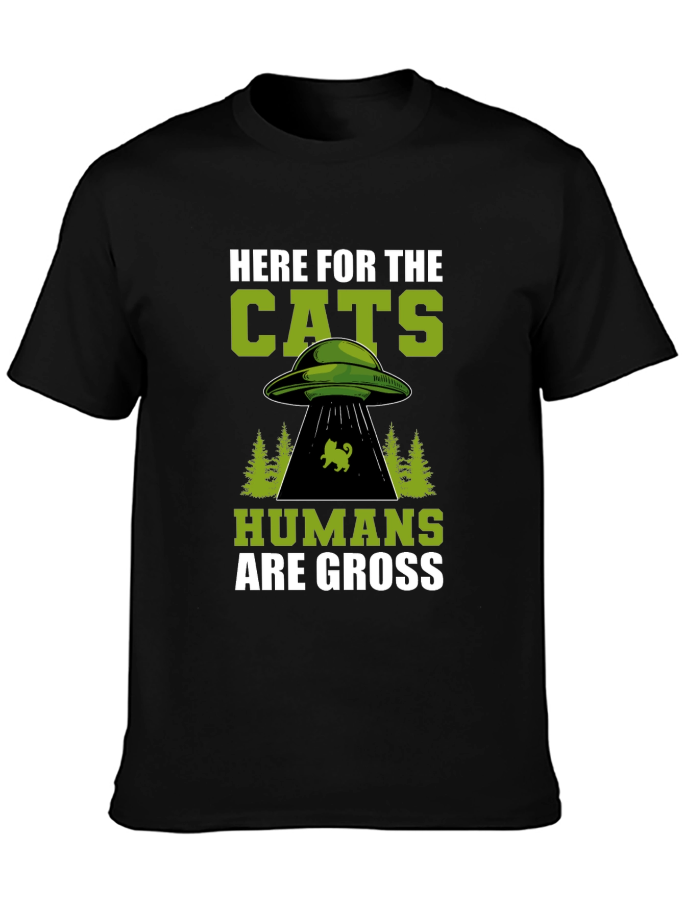 Here For The Cats UFO Alien Black T-Shirt