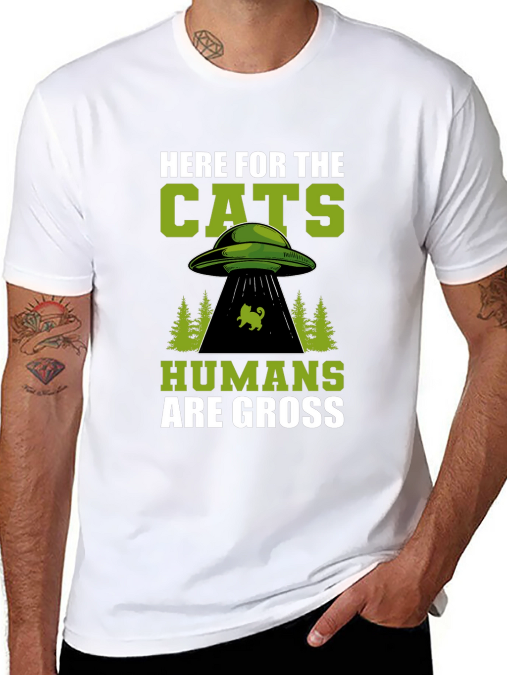 Here For The Cats UFO Alien Black T-Shirt