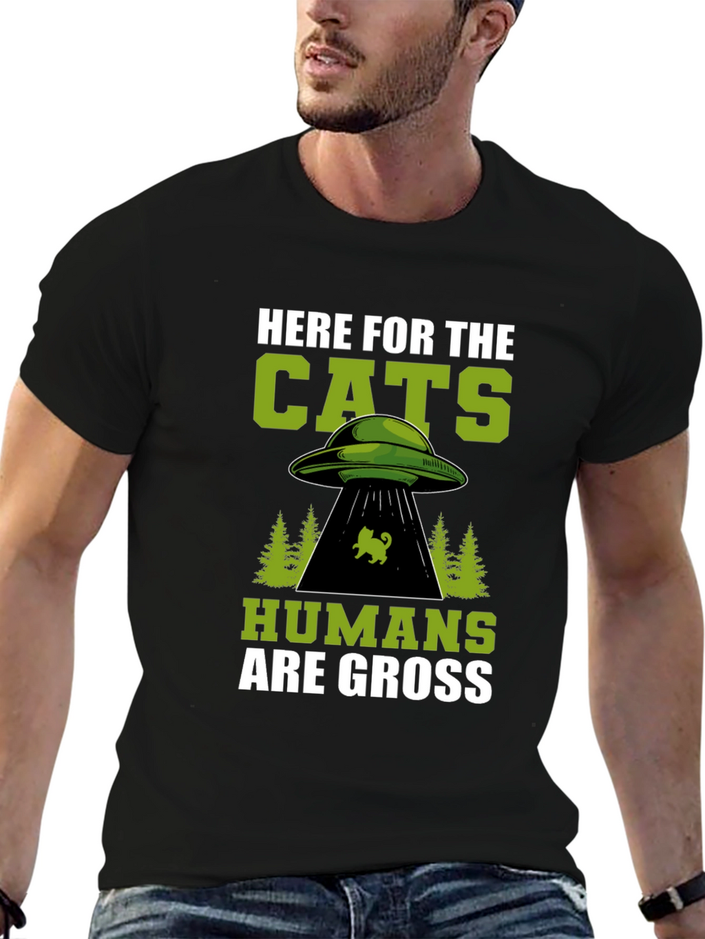 Here For The Cats UFO Alien Black T-Shirt