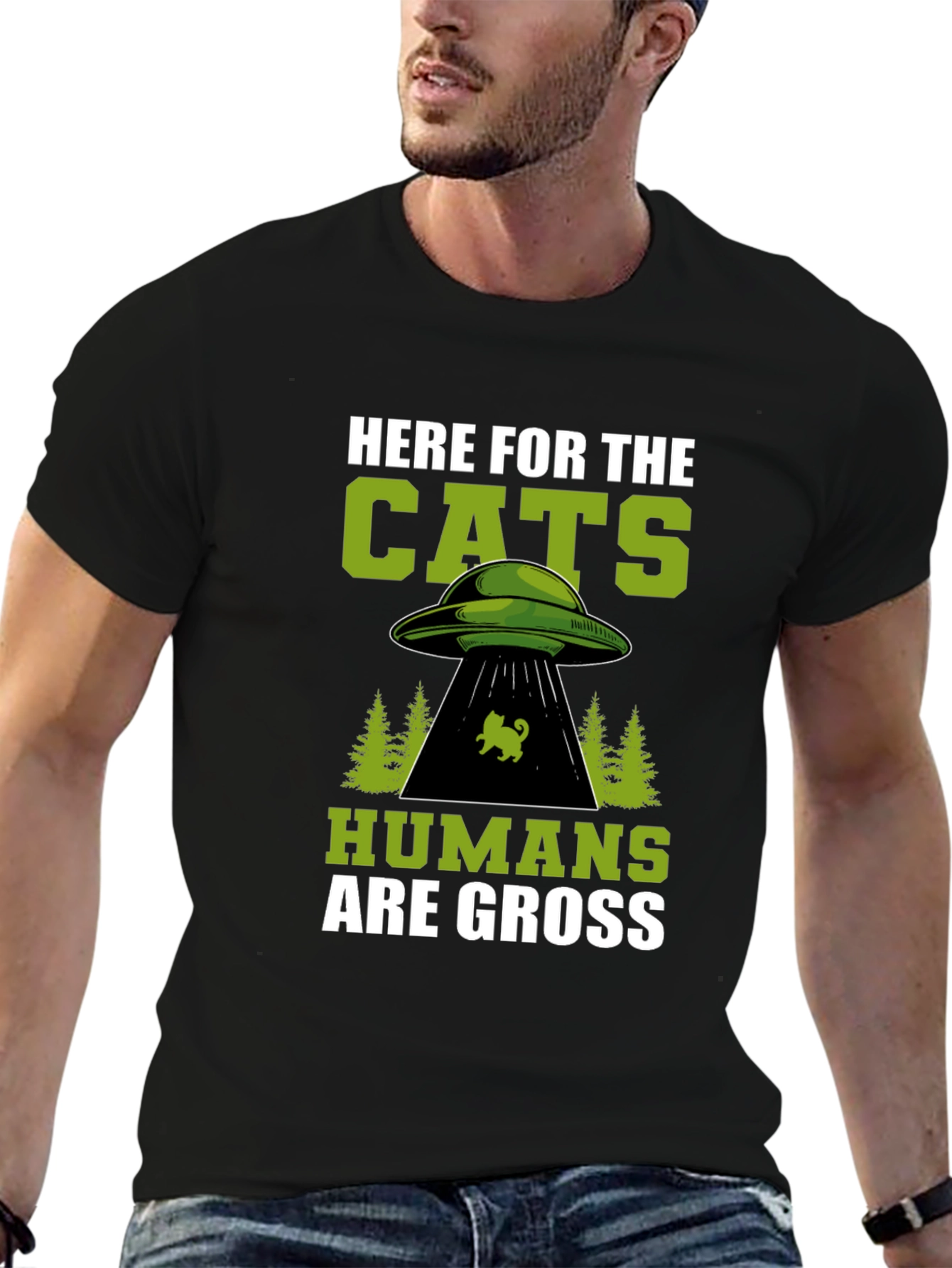 Here For The Cats UFO Alien Black T-Shirt