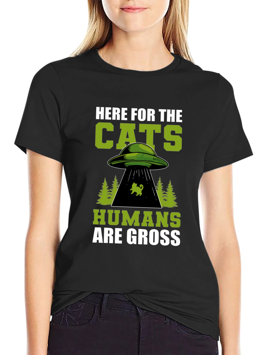 Here For The Cats UFO Alien Black T-Shirt