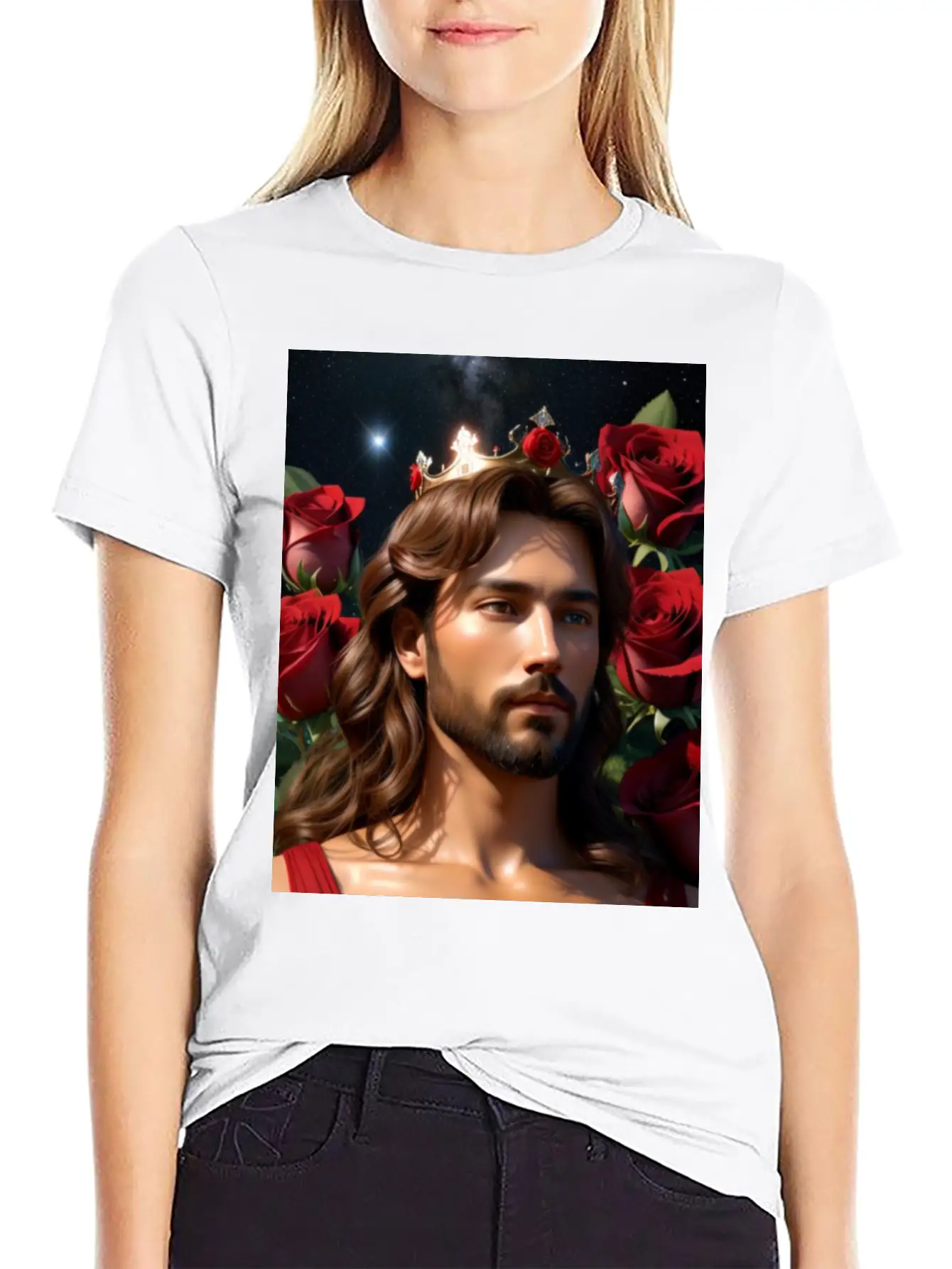 Young Sweet Jesus Christ Surrounded By Red Roses Breathable Graphic T-Shirt – Perfect For Casual Days