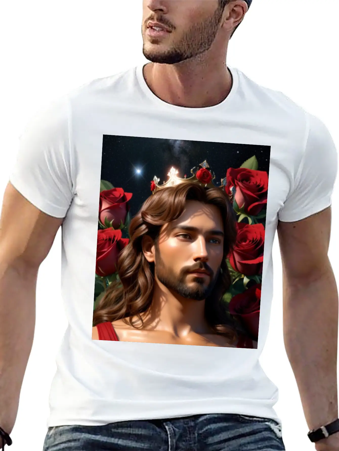 Young Sweet Jesus Christ Surrounded By Red Roses Breathable Graphic T-Shirt – Perfect For Casual Days