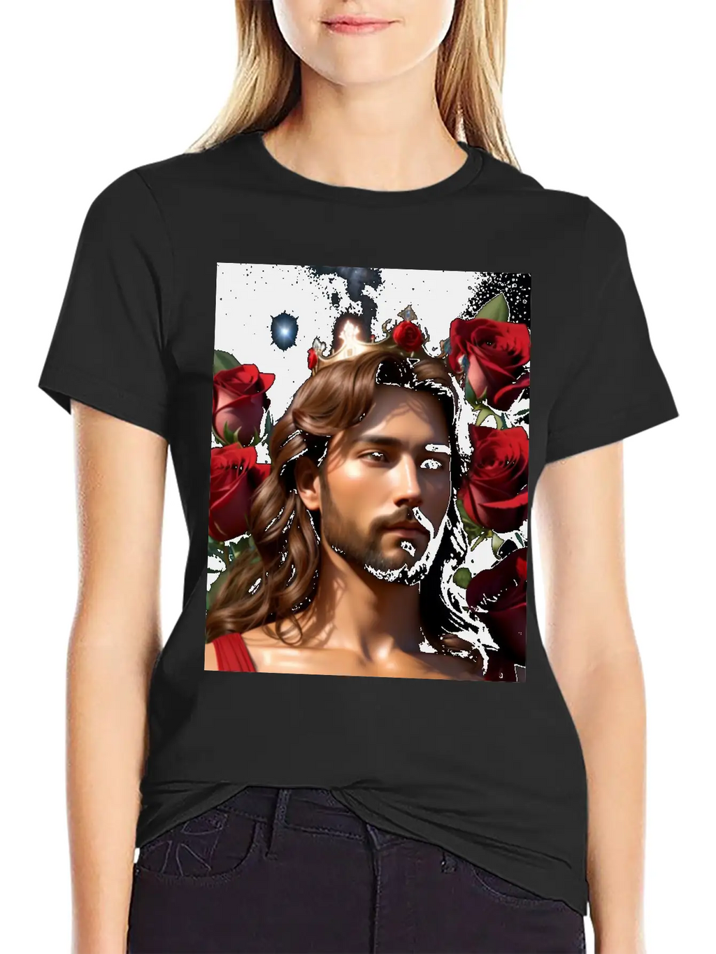 Young Sweet Jesus Christ Surrounded By Red Roses Breathable Graphic T-Shirt – Perfect For Casual Days