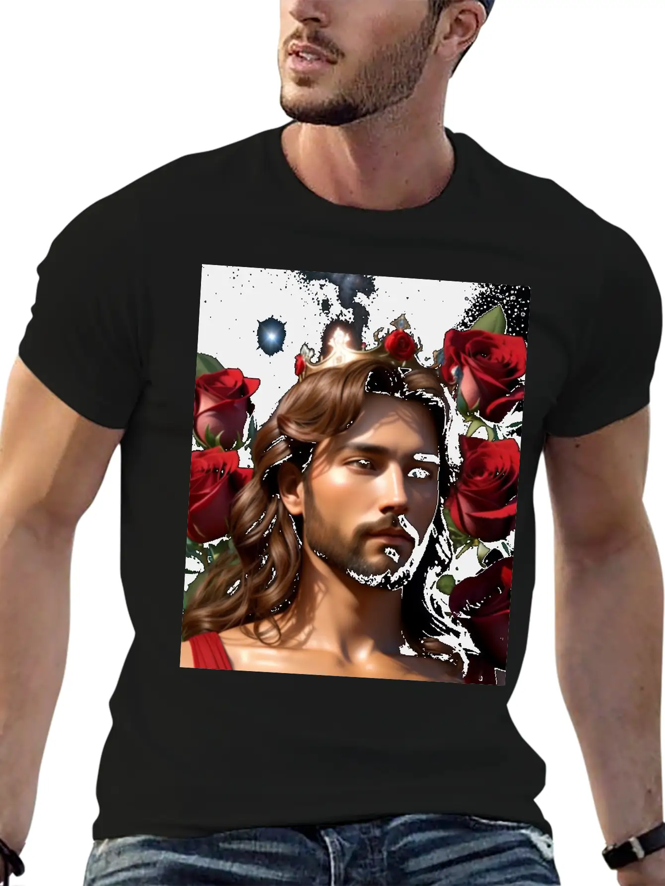 Young Sweet Jesus Christ Surrounded By Red Roses Breathable Graphic T-Shirt – Perfect For Casual Days