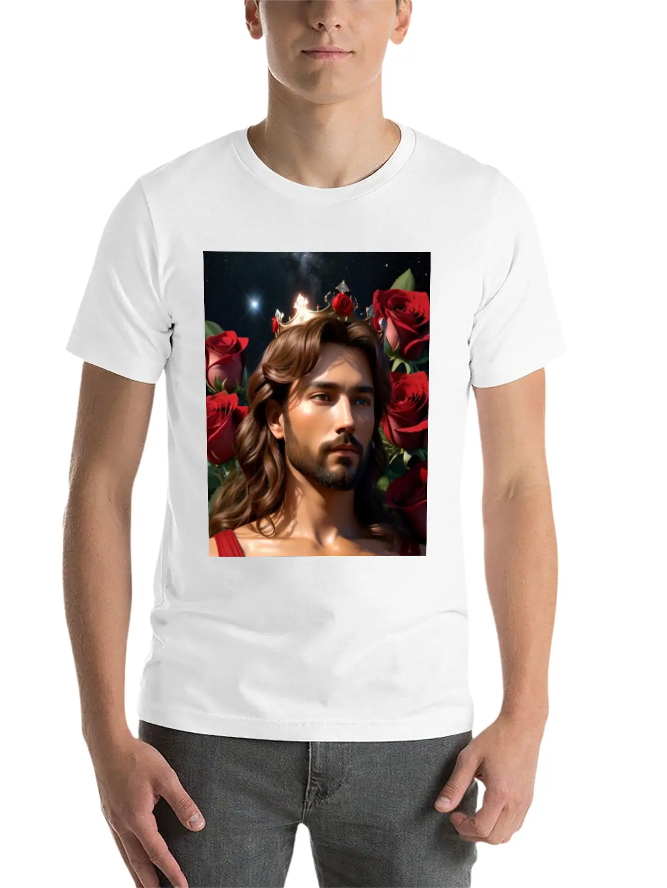 Young Sweet Jesus Christ Surrounded By Red Roses Breathable Graphic T-Shirt – Perfect For Casual Days