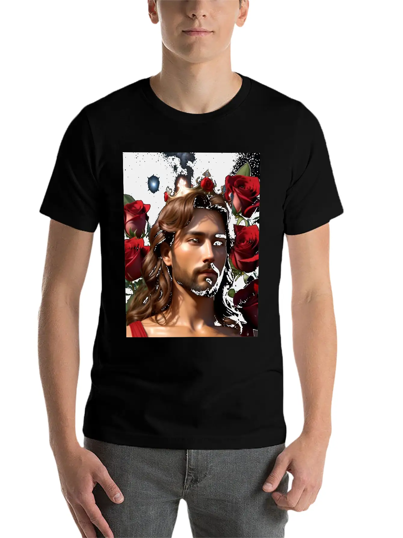 Young Sweet Jesus Christ Surrounded By Red Roses Breathable Graphic T-Shirt – Perfect For Casual Days