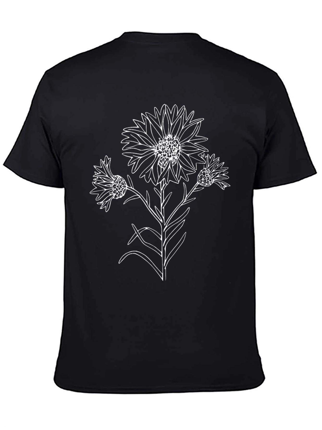 Black T-Shirt with Floral Line Art Design