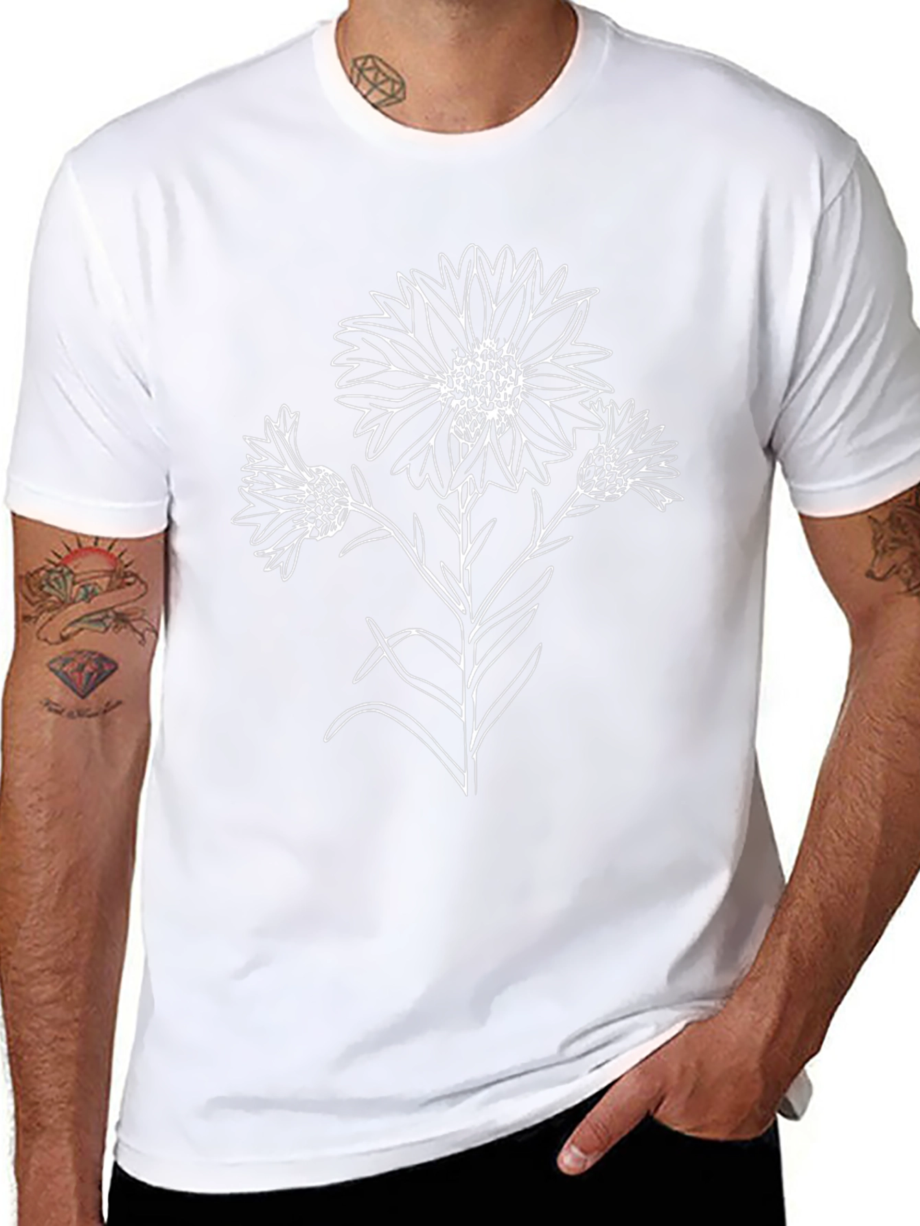 Black T-Shirt with Floral Line Art Design