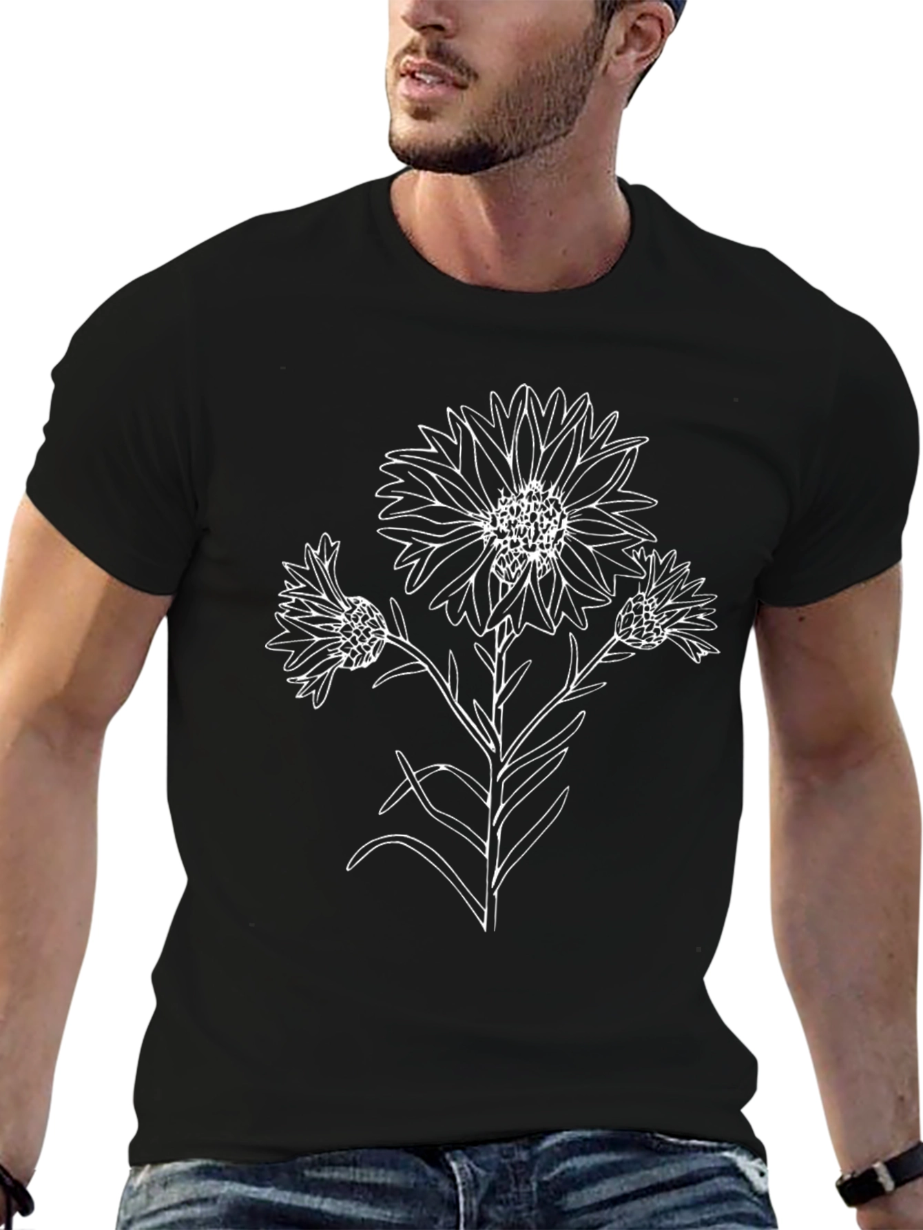 Black T-Shirt with Floral Line Art Design