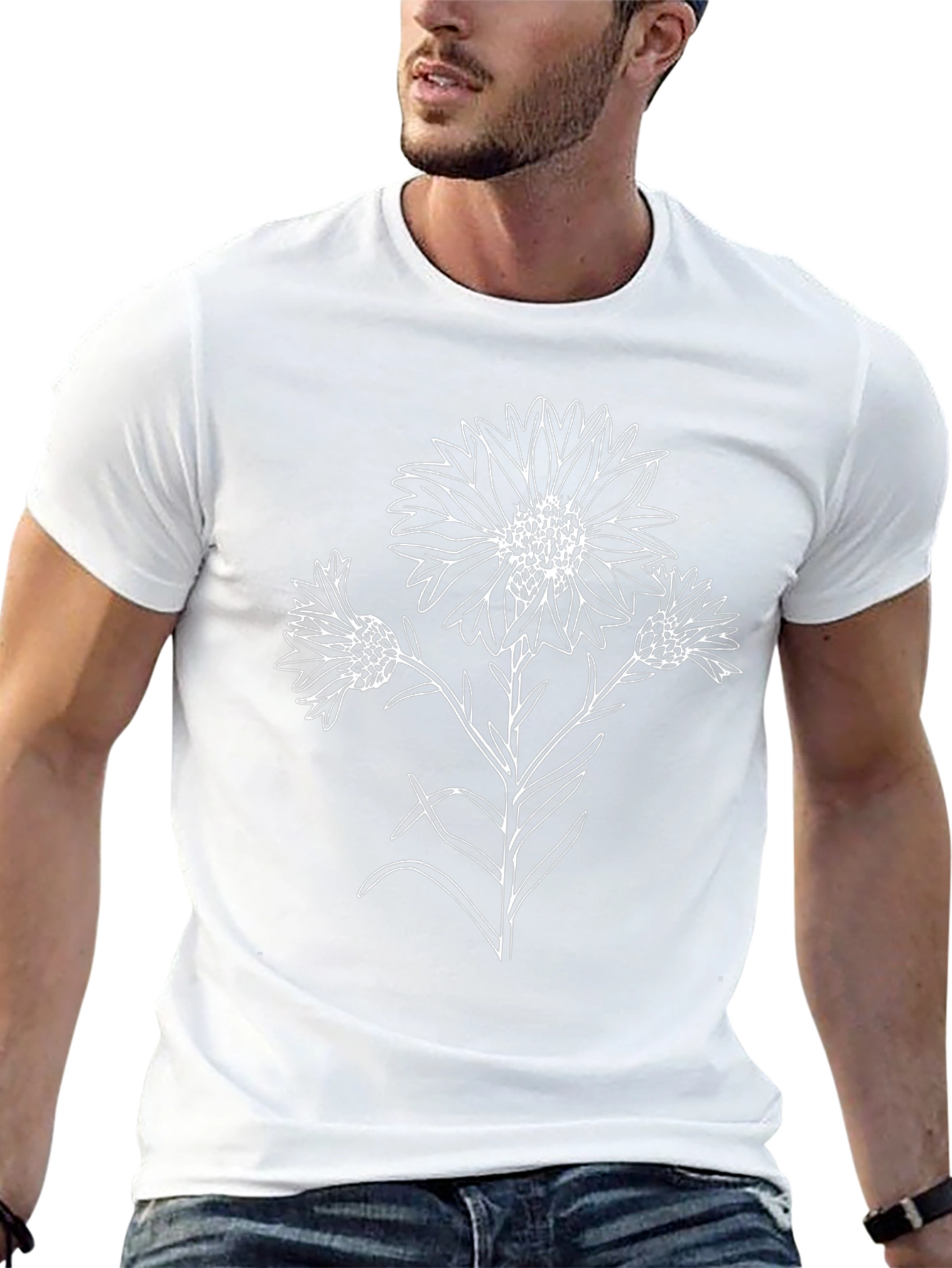 Black T-Shirt with Floral Line Art Design