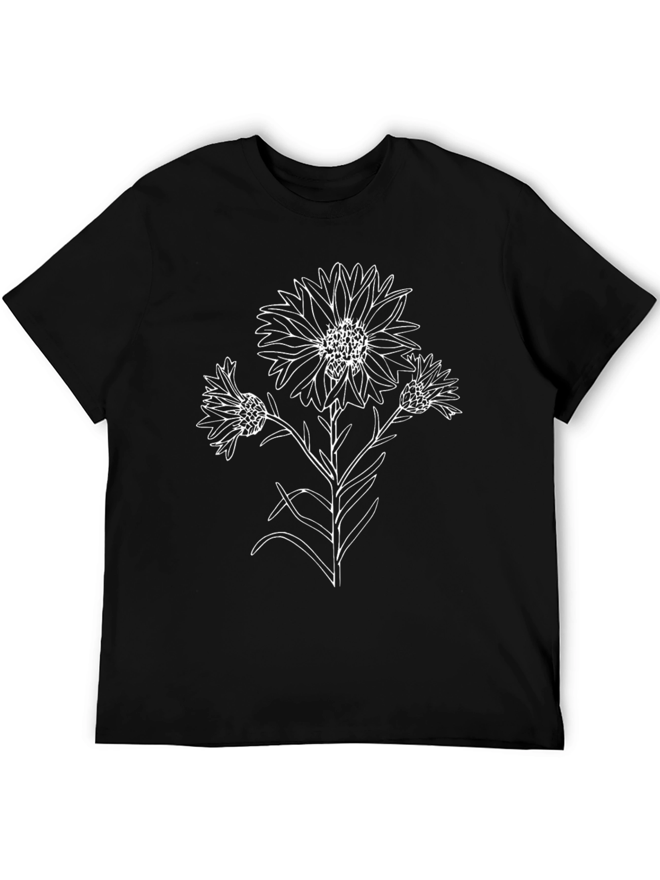 Black T-Shirt with Floral Line Art Design
