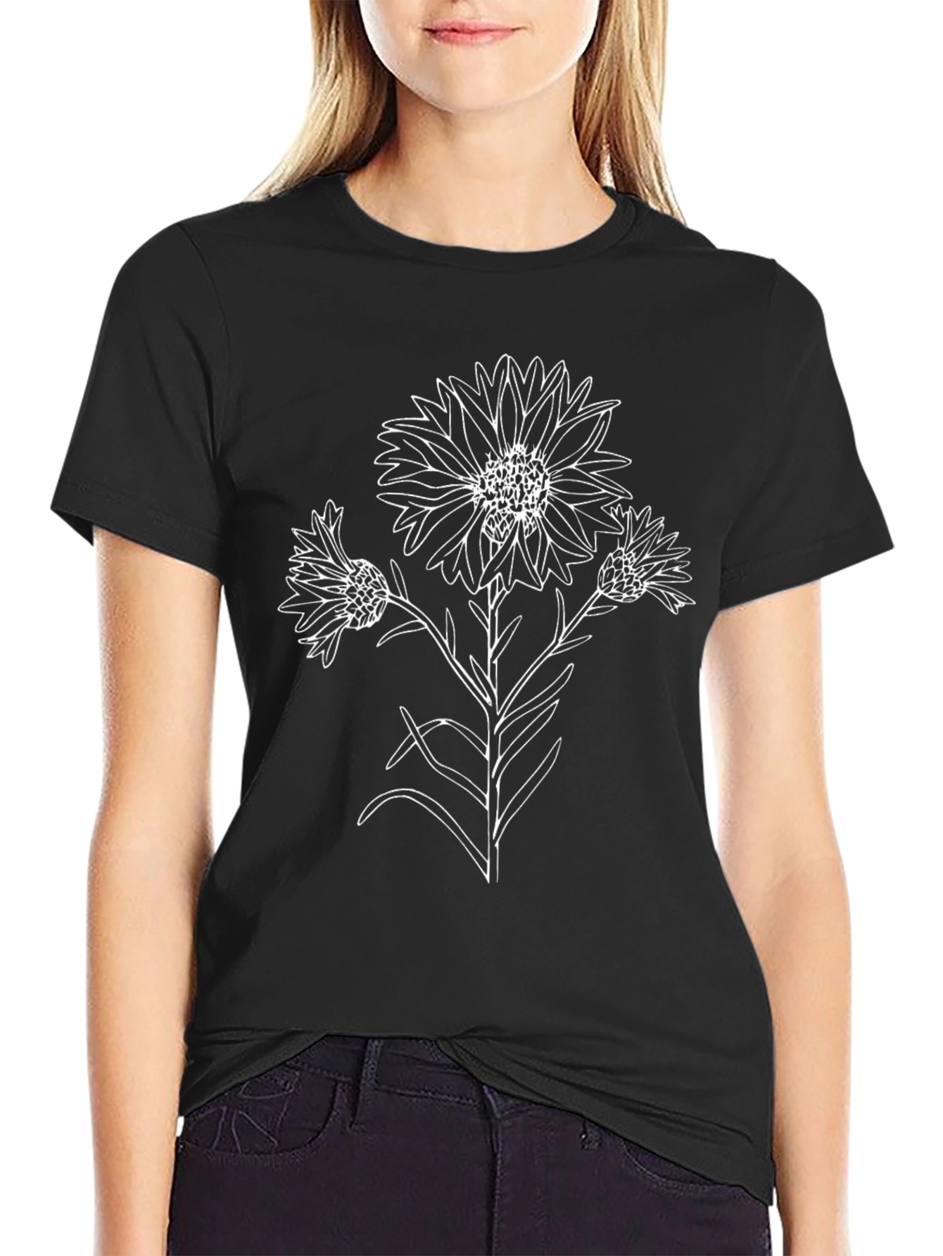 Black T-Shirt with Floral Line Art Design