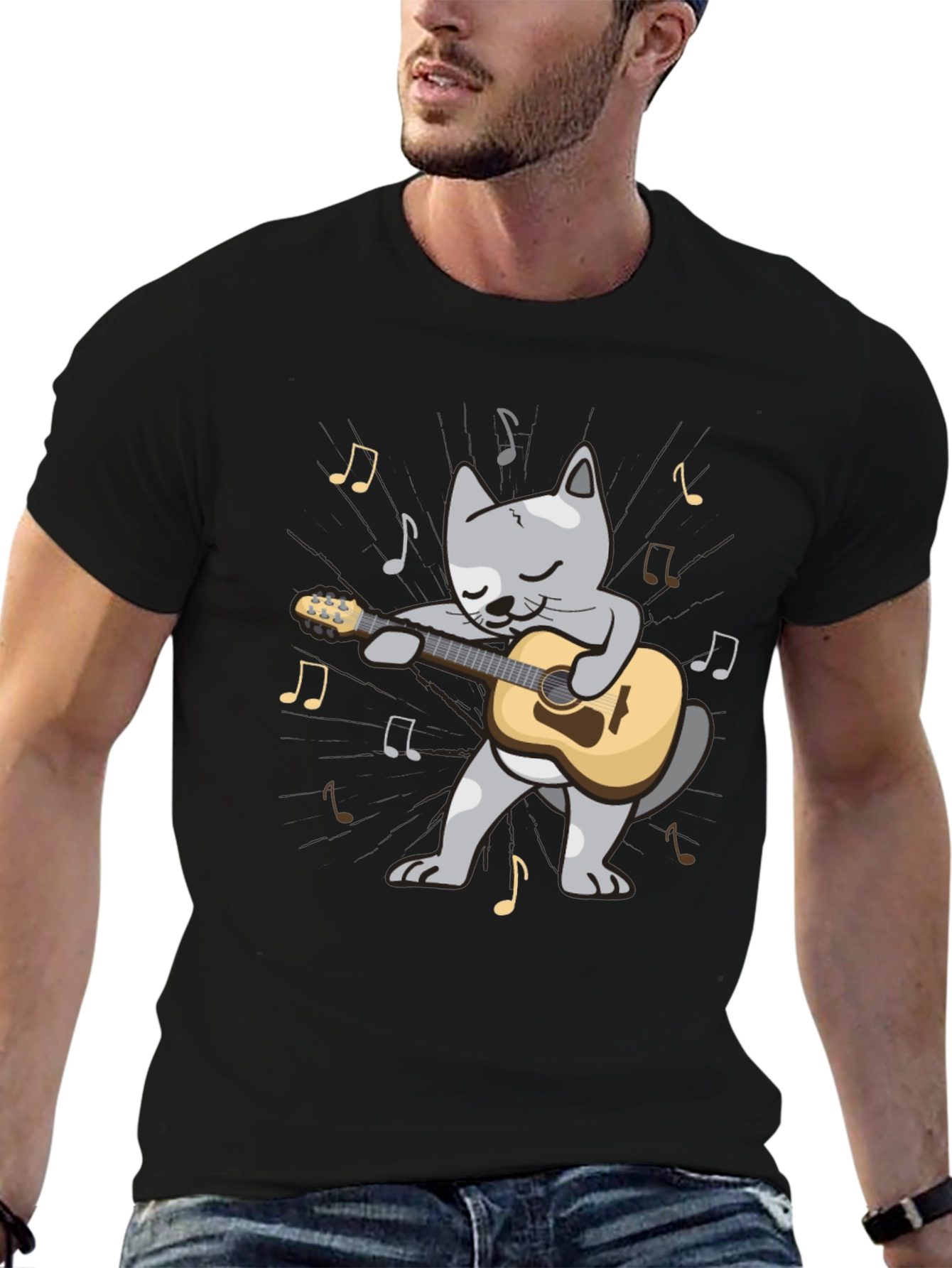 Guitar Cat T-Shirt - Musical Feline Tee