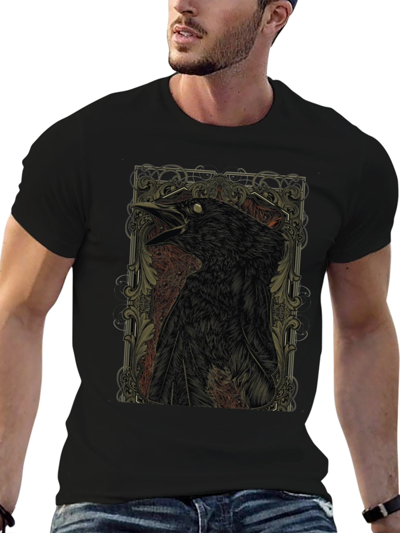 Raven Graphic Print Black Crewneck T-Shirt