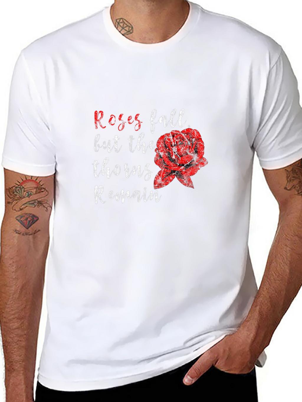 Roses Fall Thorns Remain Black Graphic Tee