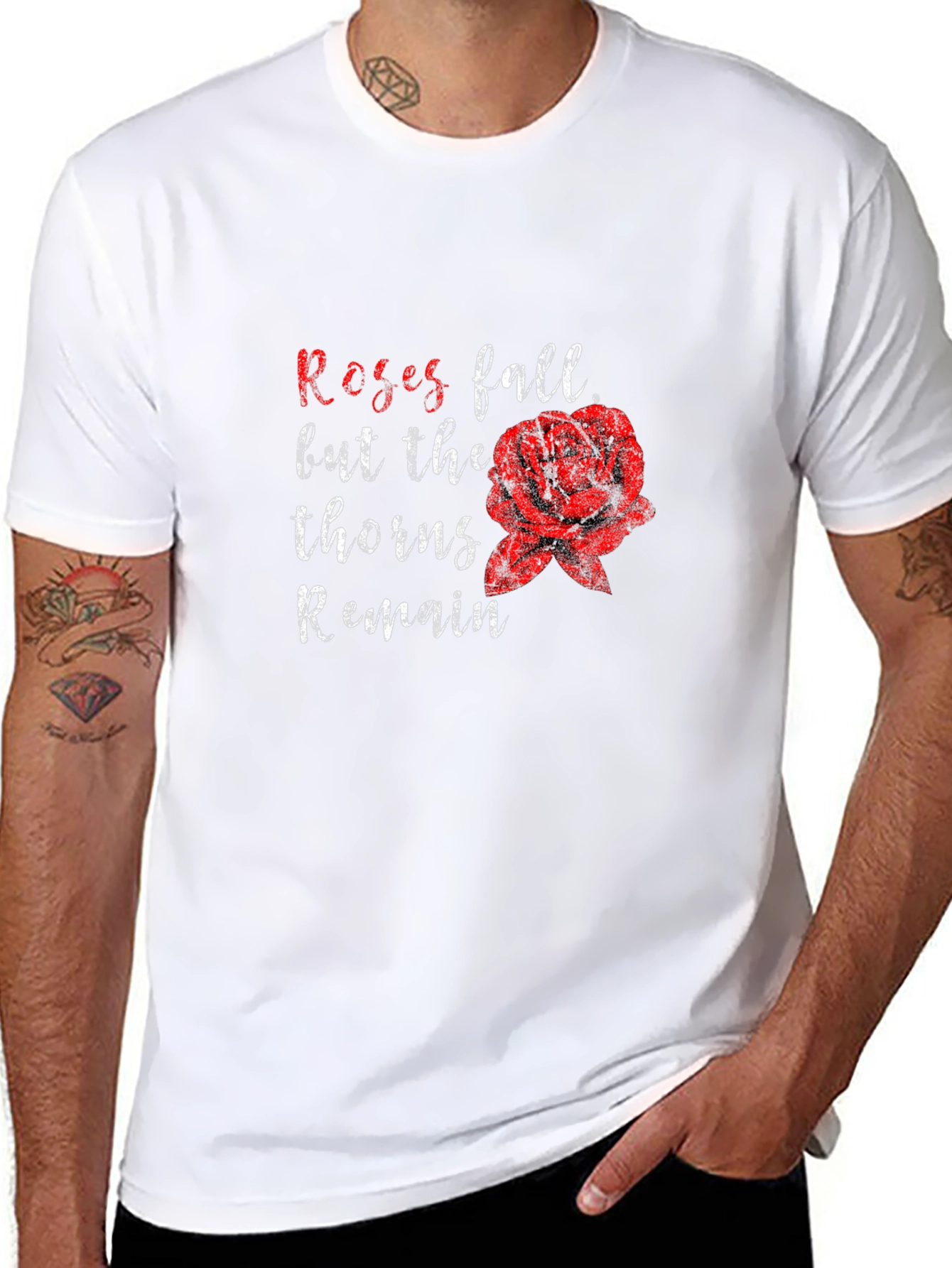 Roses Fall Thorns Remain Black Graphic Tee