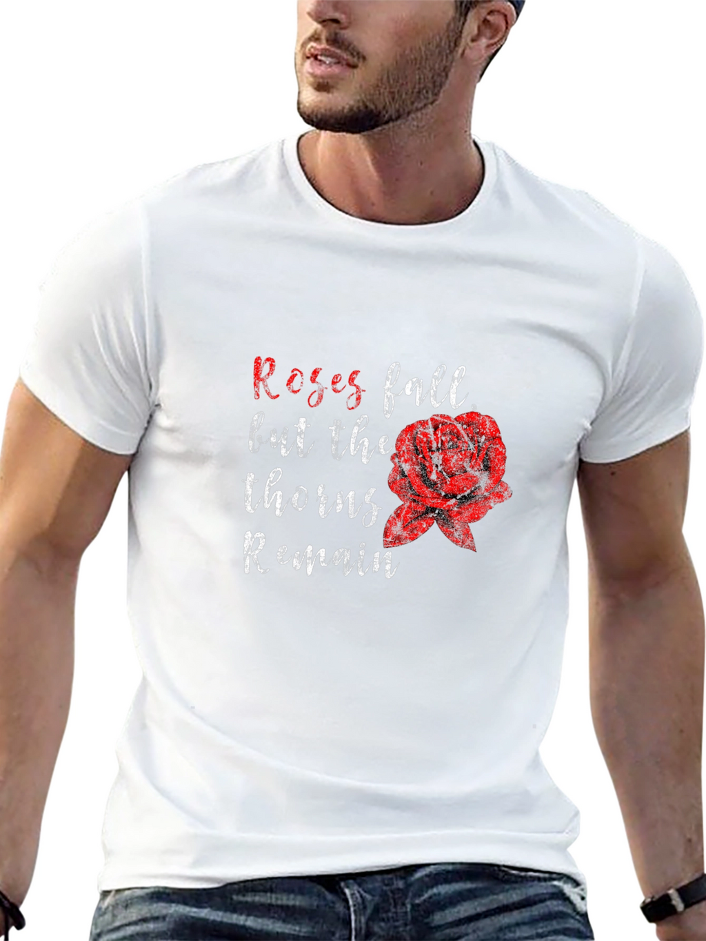 Roses Fall Thorns Remain Black Graphic Tee