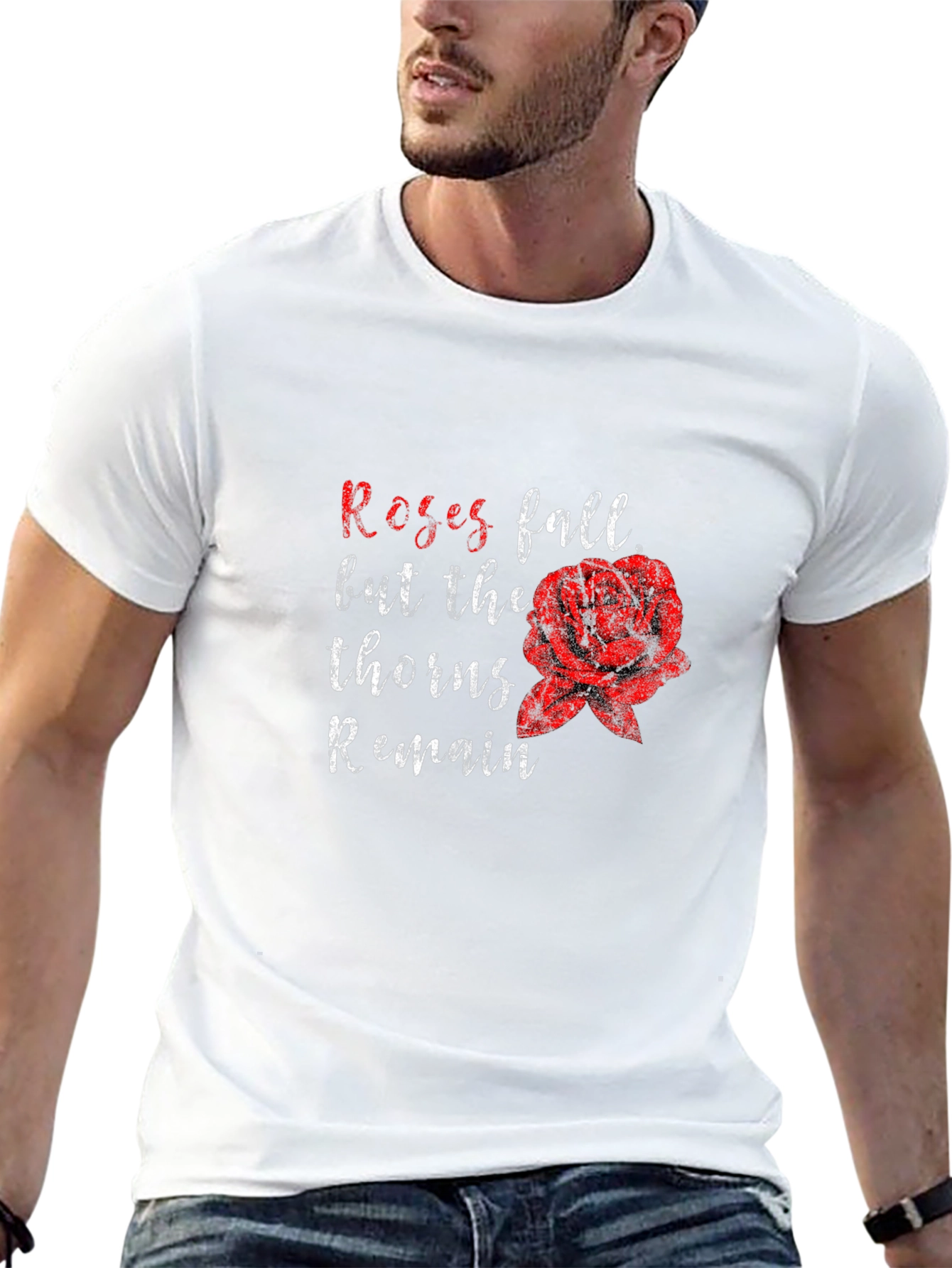 Roses Fall Thorns Remain Black Graphic Tee