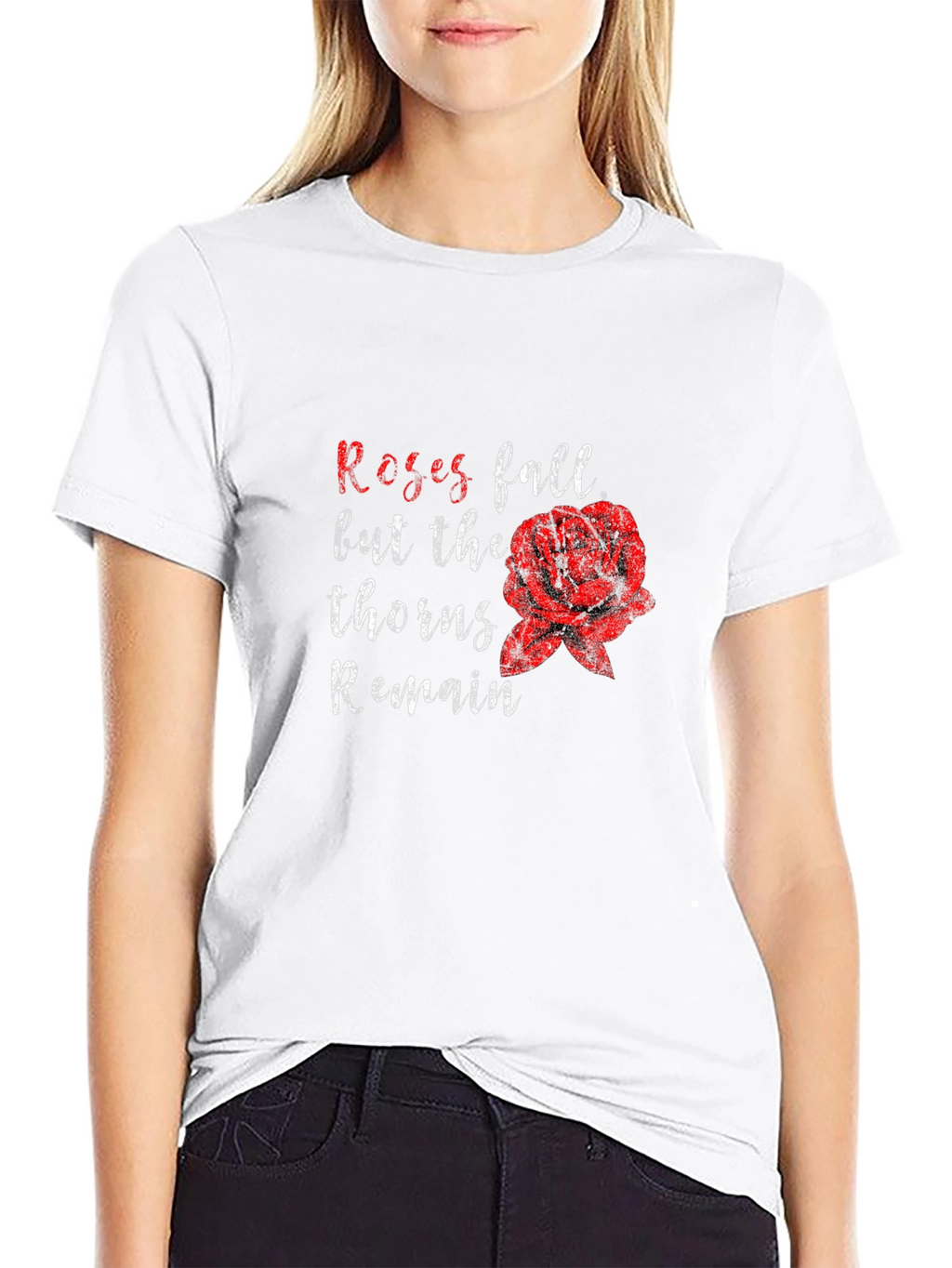 Roses Fall Thorns Remain Black Graphic Tee