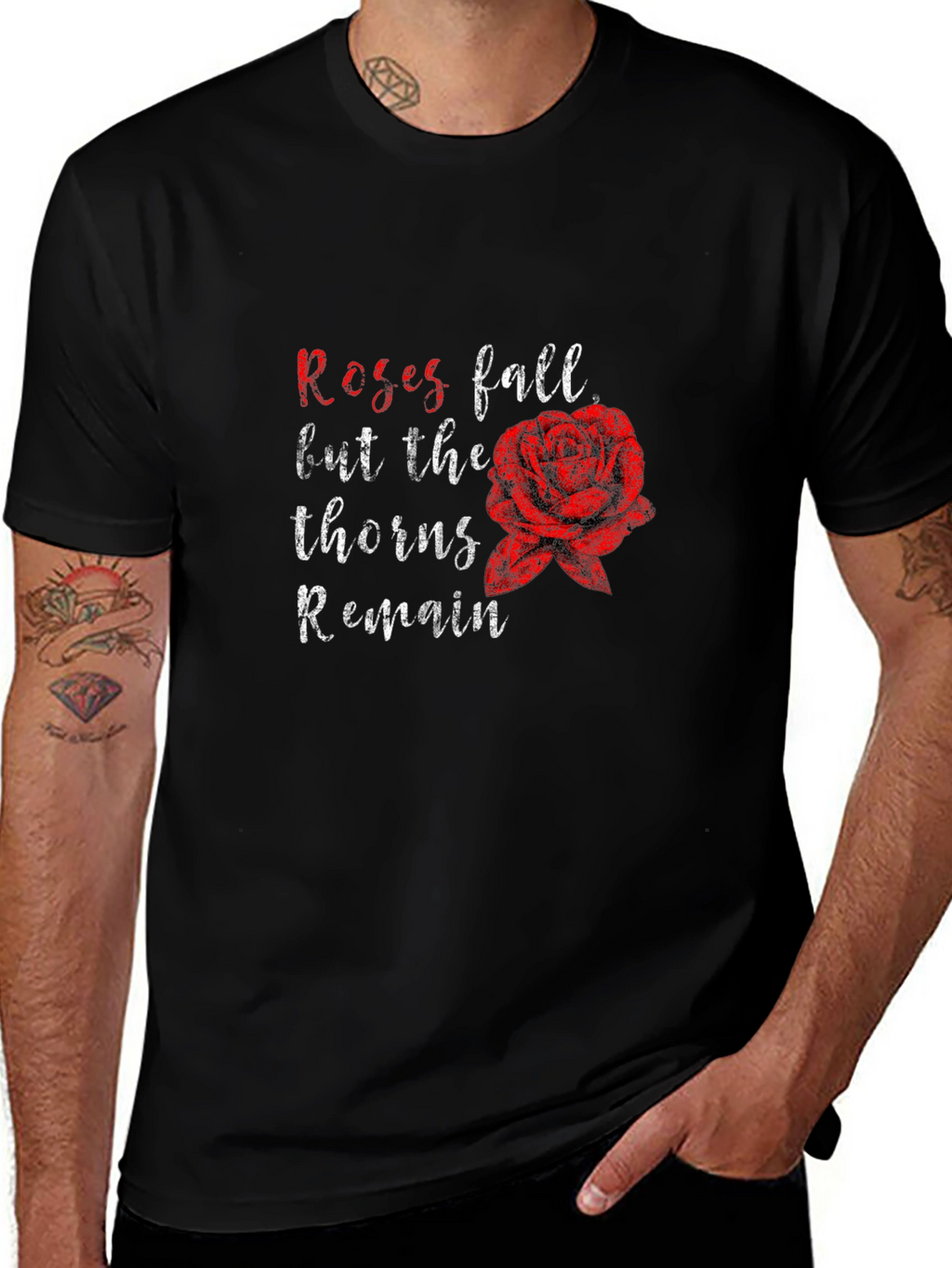 Roses Fall Thorns Remain Black Graphic Tee