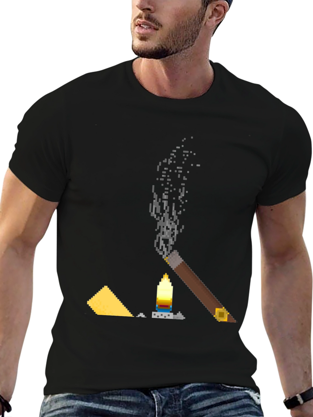 Pixel Art Cigar & Candle Graphic T-Shirt