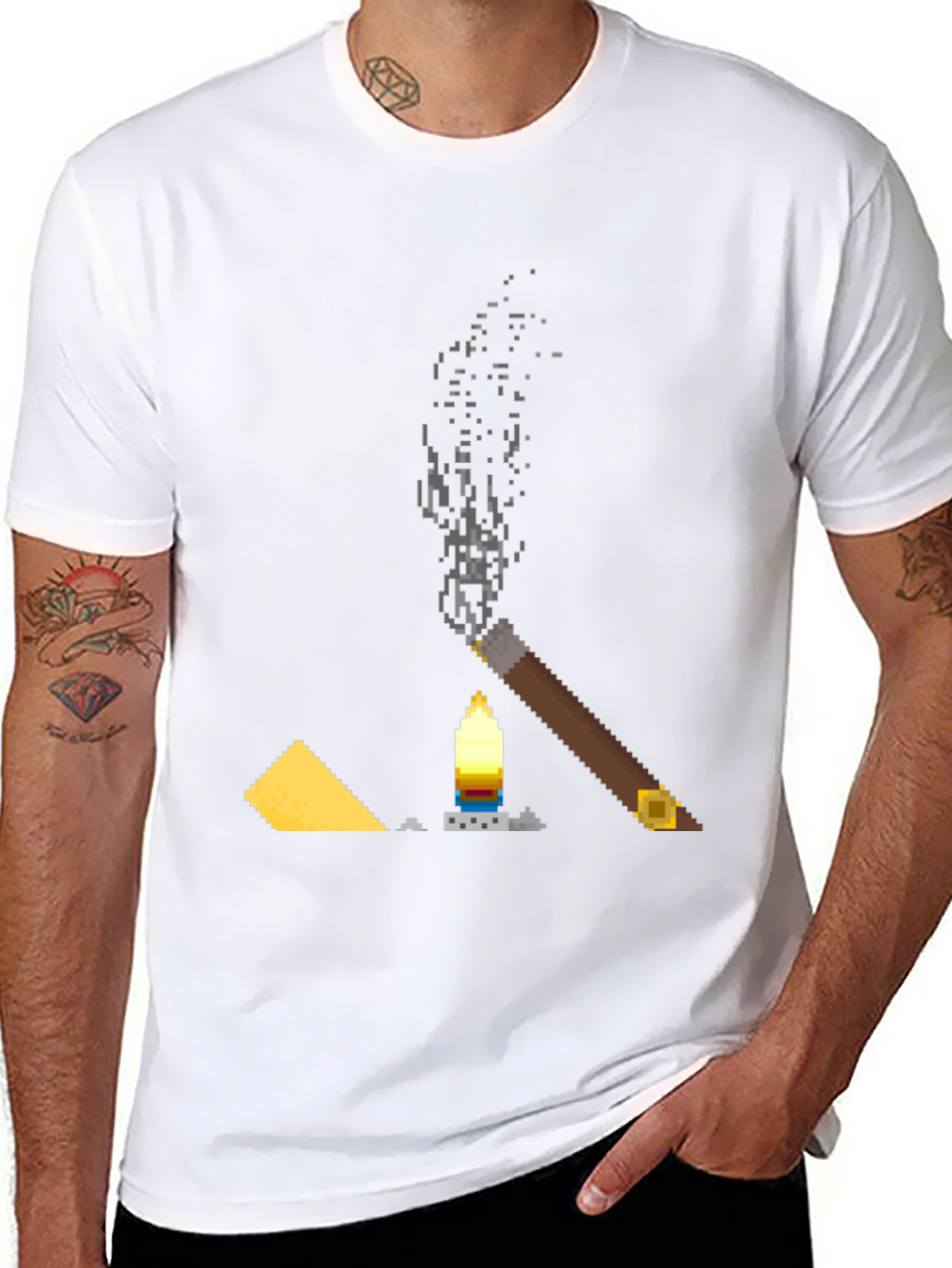 Pixel Art Cigar & Candle Graphic T-Shirt