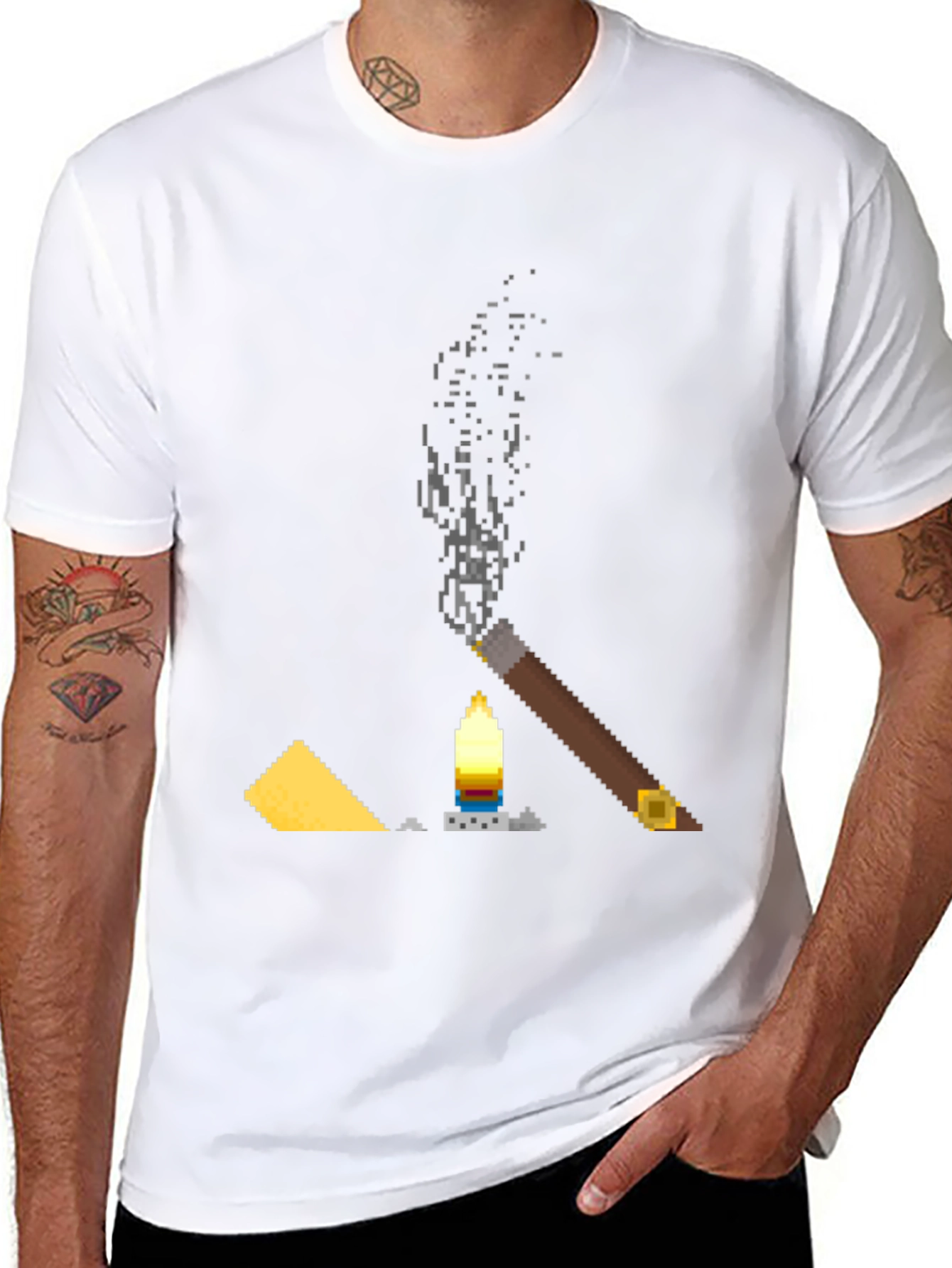 Pixel Art Cigar & Candle Graphic T-Shirt