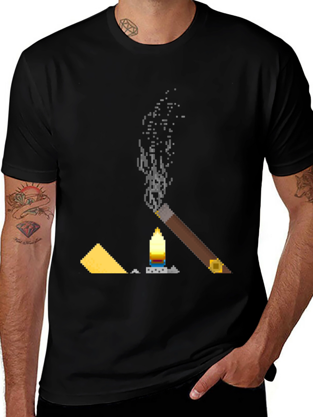Pixel Art Cigar & Candle Graphic T-Shirt