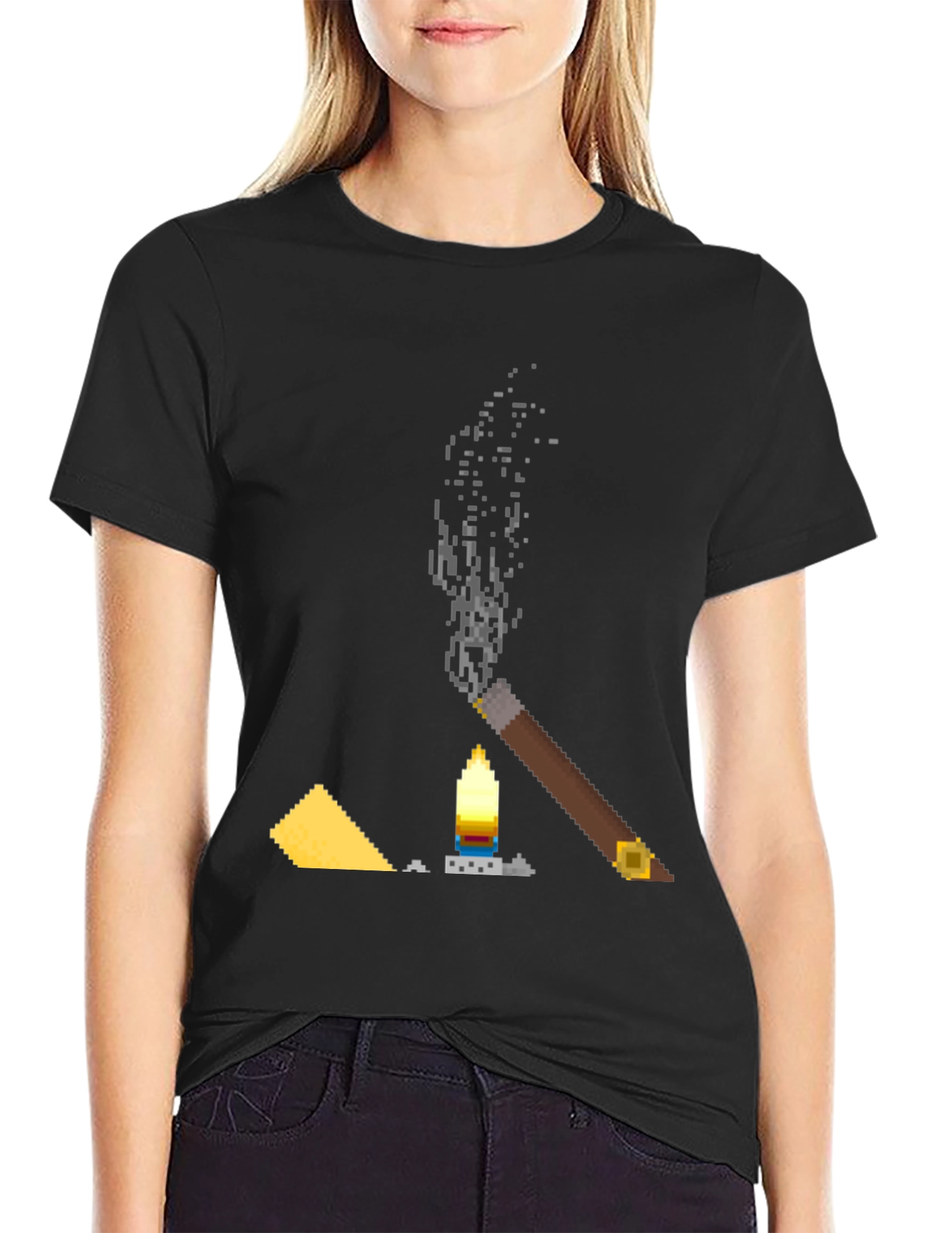 Pixel Art Cigar & Candle Graphic T-Shirt