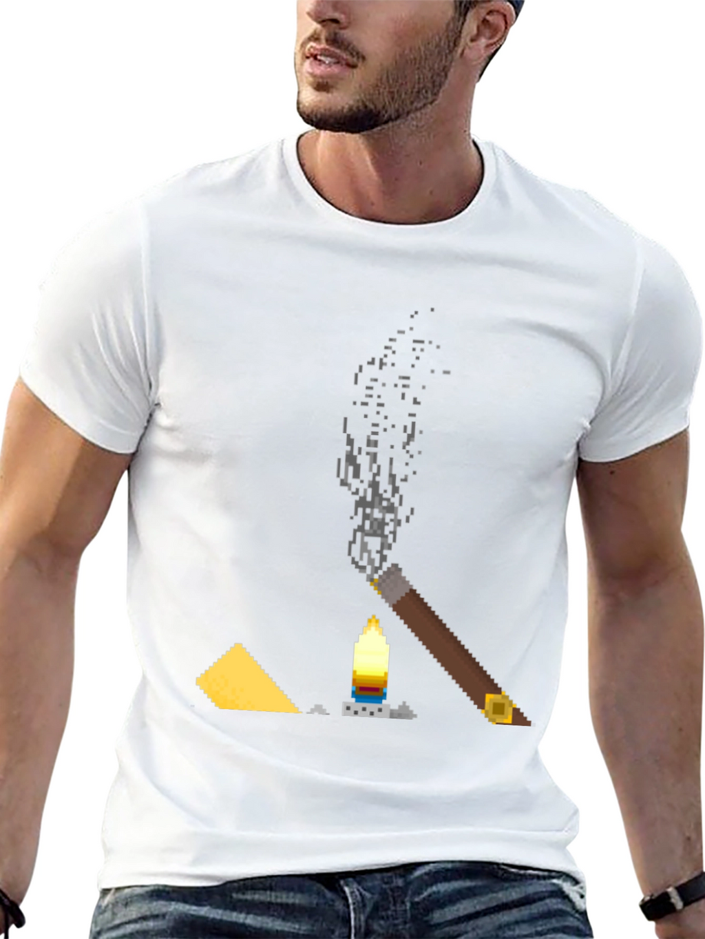 Pixel Art Cigar & Candle Graphic T-Shirt