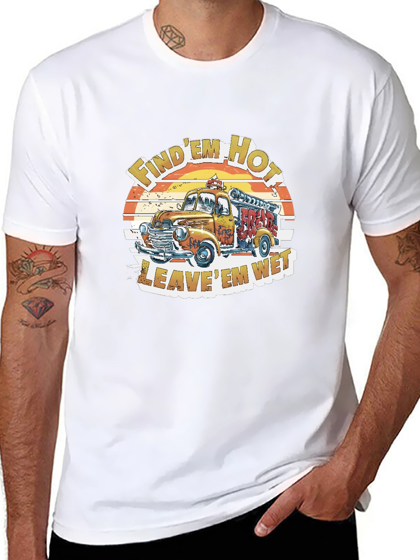 Vintage Fire Truck Graphic Tee - Find Em Hot Leave Em Wet