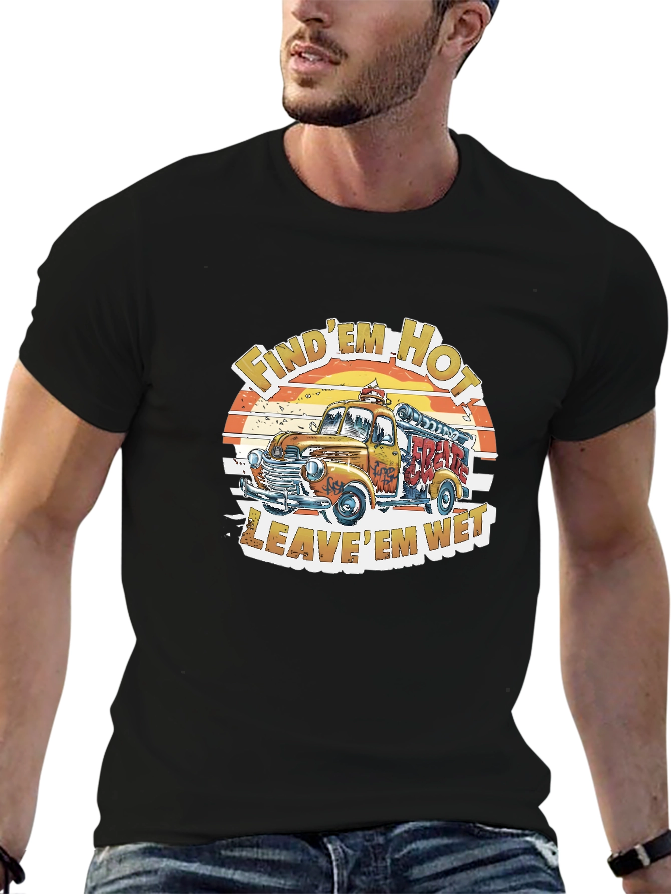 Vintage Fire Truck Graphic Tee - Find Em Hot Leave Em Wet