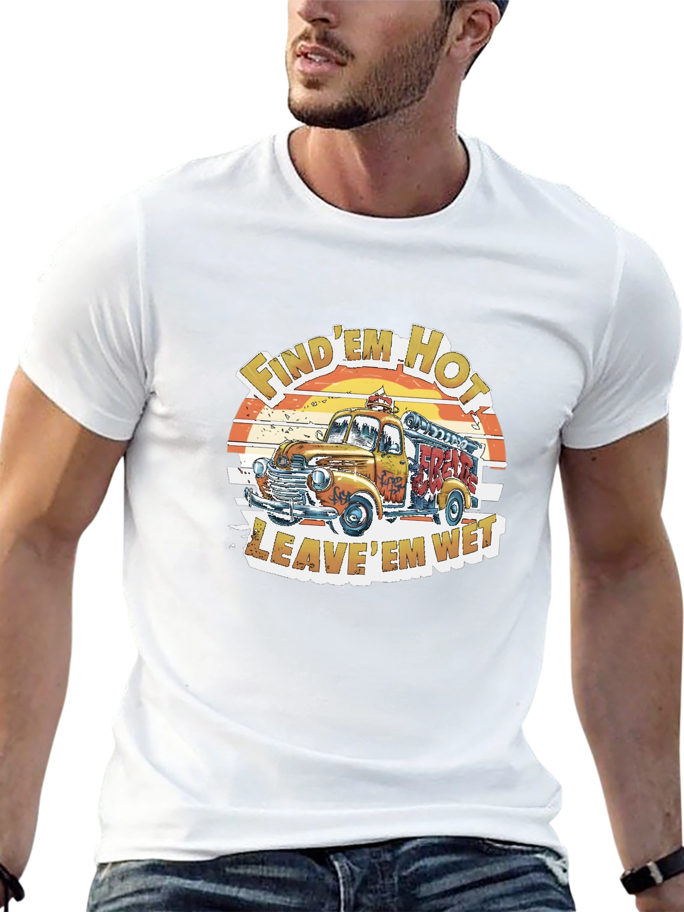 Vintage Fire Truck Graphic Tee - Find Em Hot Leave Em Wet