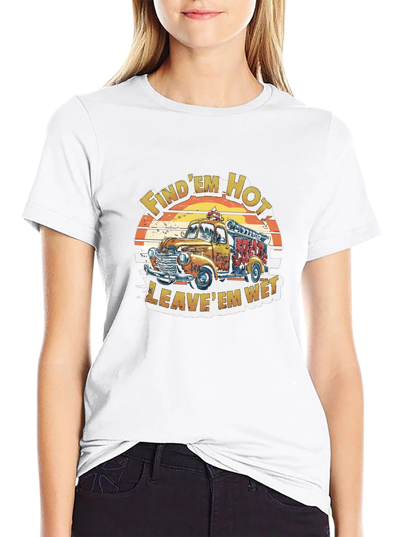 Vintage Fire Truck Graphic Tee - Find Em Hot Leave Em Wet