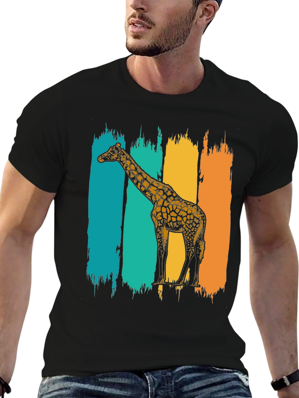 Retro Giraffe Graphic Tee - Stylish Mens Black T-Shirt