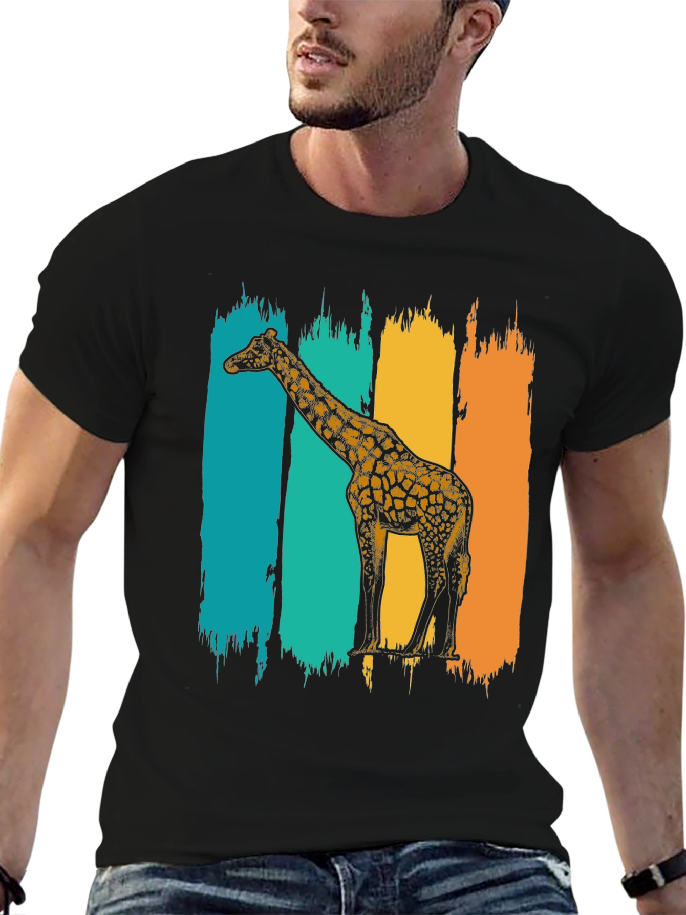Retro Giraffe Graphic Tee - Stylish Mens Black T-Shirt