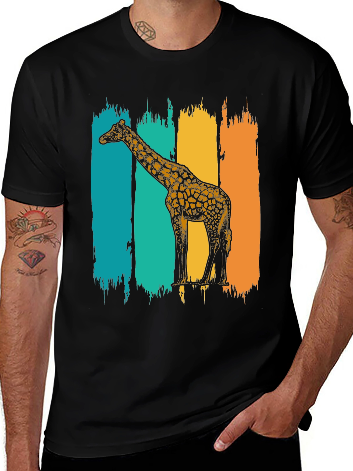 Retro Giraffe Graphic Tee - Stylish Mens Black T-Shirt
