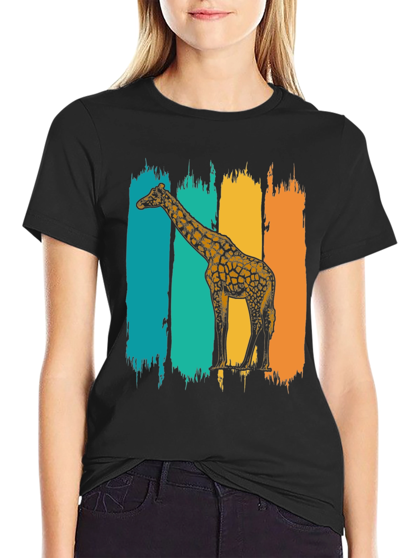 Retro Giraffe Graphic Tee - Stylish Mens Black T-Shirt