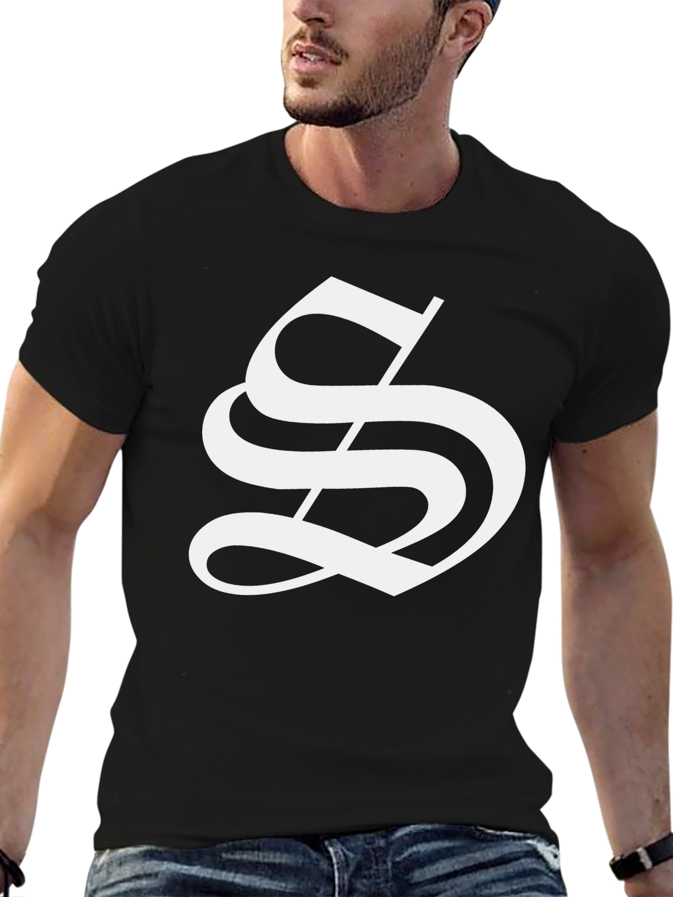 Bold Black Tee with White Letter S Design
